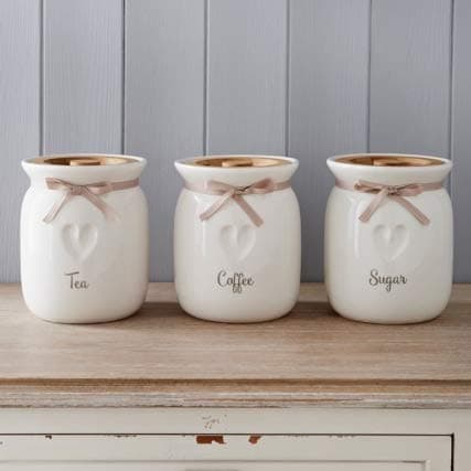 DEENZ Large Canisters/Jars Set Tea Coffee Sugar Ceramic Canisters Engraved Heart Kitchen Storage Jars Set Set of 3 with Wooden lid and Ribbon Kitchen Organisation Ideal for Gift to Love One's - Kitchen Storage