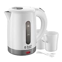 Russell Hobbs Electric 0.85L Travel Kettle, Small & Compact, Dual voltage, Ideal for abroad/caravan/camping, inc 2 cups & spoons, Removable washable anti-scale filter, water windows, 1000W, 23840