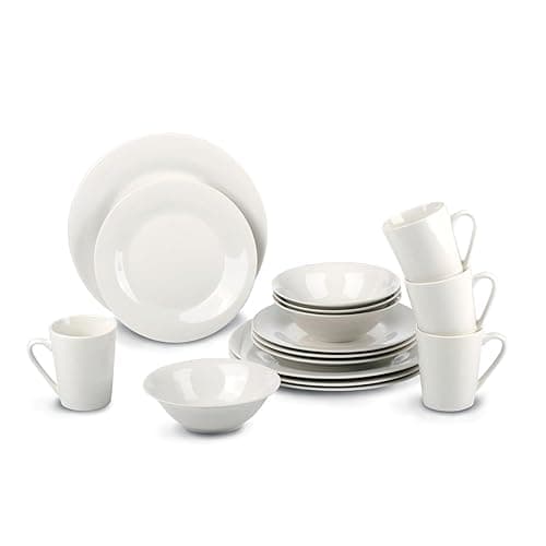 alpina Dinner Set for 4 People - Plates and Bowls Set - Earthenware Tableware - Dinner Plates, Dessert Plates, Bowls and Mugs - Microwave and Dishwasher Safe - White - Tableware
