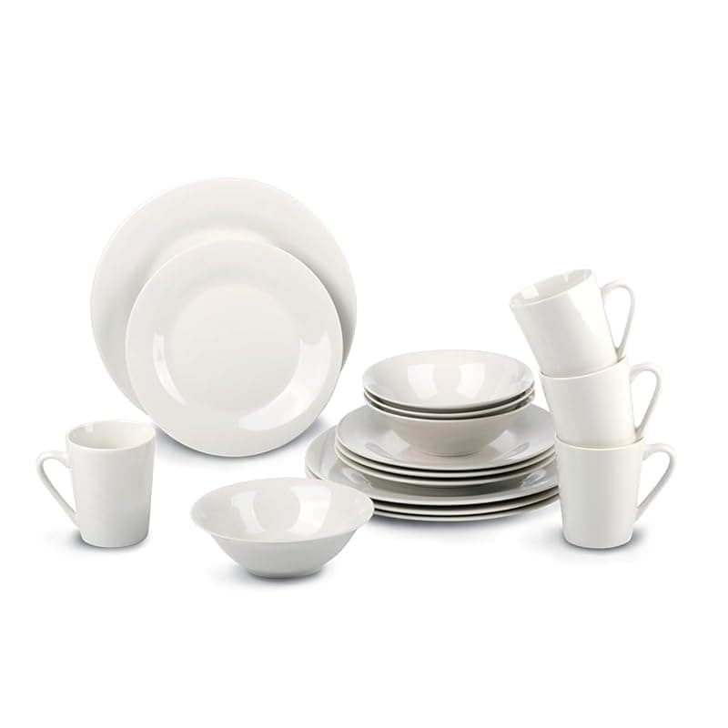 alpina Dinner Set for 4 People - Plates and Bowls Set - Earthenware Tableware - Dinner Plates, Dessert Plates, Bowls and Mugs - Microwave and Dishwasher Safe - White - Tableware
