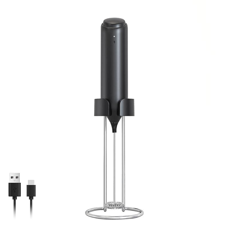 ELMWAY Rechargeable Milk Frother – Handheld Electric Whisk for Coffee, Latte & Matcha, Ergonomic Grip with Charging Stand or Wall Mount Holder – Black - Coffee Tea Accessories