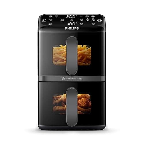 Philips 4000 Series Stacked Dual Basket Airfryer 10L – RapidAir Technology, Sync Finish, 2 Meals at Once, 45% Less Countertop Space, PFAS-Free Ceramic Coating, Easy View Windows (NA460/09)