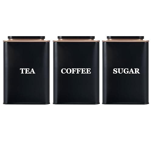 Bayseun Tea Coffee Sugar Canisters, Set of 3 Tea Coffee and Sugar Canisters for Home, Easy Open & Airtight Lids, Decorative Food Caddy, Kitchen Storage Jars, Decorative Stainless Tins, Black - Kitchen Storage