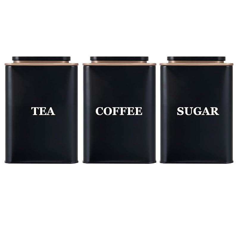 Bayseun Tea Coffee Sugar Canisters, Set of 3 Tea Coffee and Sugar Canisters for Home, Easy Open & Airtight Lids, Decorative Food Caddy, Kitchen Storage Jars, Decorative Stainless Tins, Black - Kitchen Storage