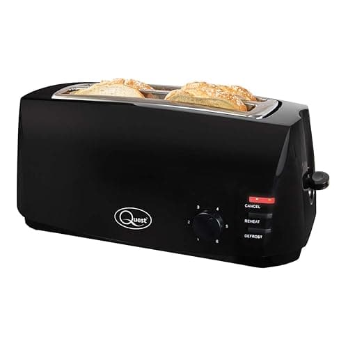 Quest 4 Slice Toaster Black - Extra Wide Long Slots for Crumpets and Bagels - 6 Settings - Reheat and Defrost - Toasters