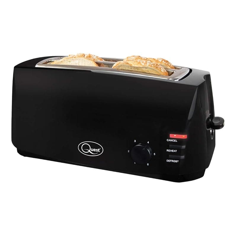 Quest 4 Slice Toaster Black - Extra Wide Long Slots for Crumpets and Bagels - 6 Settings - Reheat and Defrost - Toasters