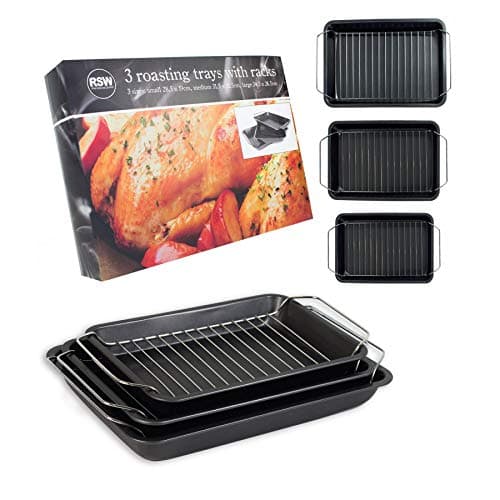 elitezotec Set of 3 Roasting Baking Tin Trays & Racks Cooking Oven Dish Bakeware Non Stick - Bakeware