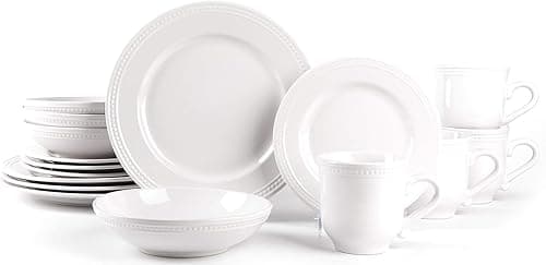 Home VSS 16 Pieces Stoneware Dinner Set for 4, White Ceramic Dinnerware Set with Plates, Bowls & Mugs, Chip & Scratch Resistant, Microwave & Dishwasher Safe - Tableware