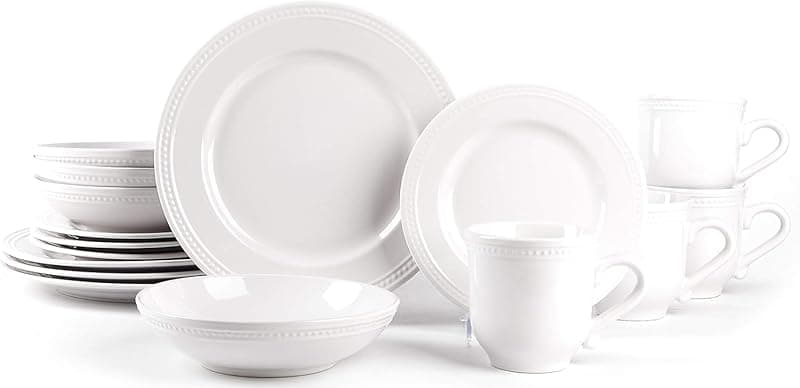 Home VSS 16 Pieces Stoneware Dinner Set for 4, White Ceramic Dinnerware Set with Plates, Bowls & Mugs, Chip & Scratch Resistant, Microwave & Dishwasher Safe - Tableware