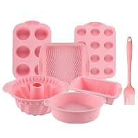 Acidea Nonstick Silicone Bakeware Set, 7pcs Baking Cake Pan, Economical BPA Free Heat Resistant Bakeware Suppliers Tools Kit with Silicone Brush for DIY Loaf Bread Cheesecake Pizza Cupcake Muffin — Bakeware deal