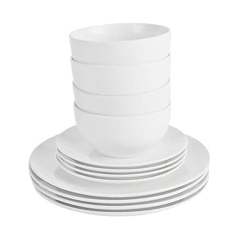 simpa 12PC Dinnerware Porcelain White Set: 4 Dinner Plates, 4 Side Plates & 4 Bowls. Dishwasher & Microwave Safe. - Tableware