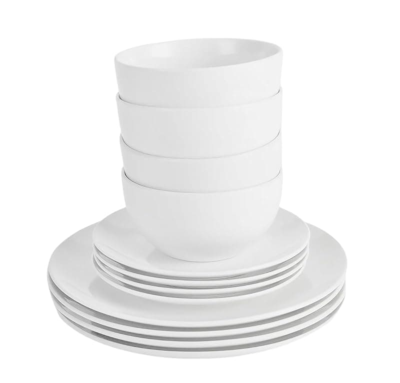 simpa 12PC Dinnerware Porcelain White Set: 4 Dinner Plates, 4 Side Plates & 4 Bowls. Dishwasher & Microwave Safe. - Tableware