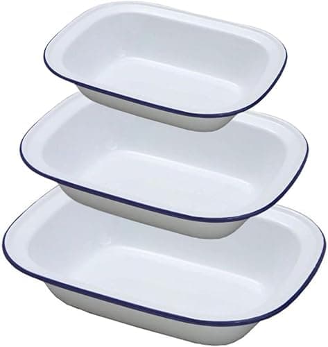 Vintage Gourmet VG® Premium White Enamelware with Blue Rim, Oblong Pie Dish Set of 3 Oven Safe Retro Bakeware 24cm | 26cm | 30cm Oven To Table Baking Pudding Steak |Shepherd's Pie Enamel Roasting Tray Family Set - Bakeware