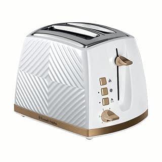 Russell Hobbs Groove 2 Slice Toaster (High Lift, Extra Wide Slots, 6 Browning levels, Frozen/Cancel/Reheat function - Illuminated buttons, Removable crumb tray, 850W, White, Brushed gold accents)26391