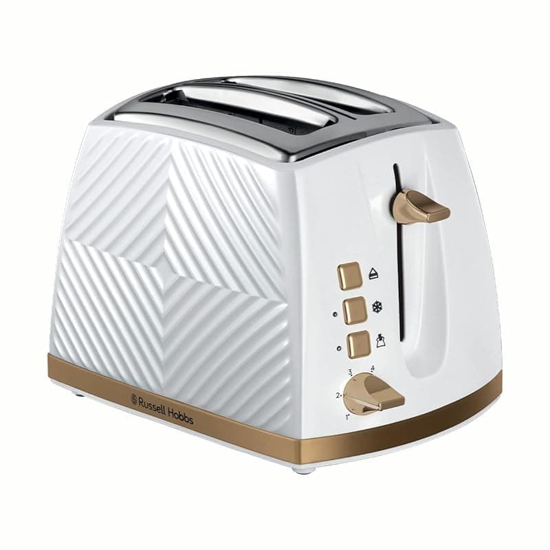 Russell Hobbs Groove 2 Slice Toaster (High Lift, Extra Wide Slots, 6 Browning levels, Frozen/Cancel/Reheat function - Illuminated buttons, Removable crumb tray, 850W, White, Brushed gold accents)26391 - Toasters