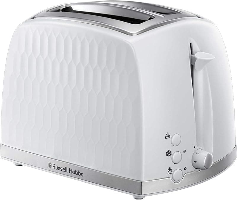 Russell Hobbs Honeycomb 2 Slice Toaster (Extra wide slots, High lift feature, 6 Browning levels, Frozen/Cancel/Reheat function, Removable crumb tray, 850W, White textured high gloss) 26060 - Toasters