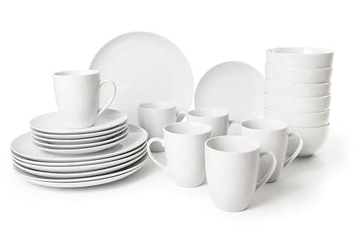 simpa 24PC Dinnerware Porcelain White Set: 6 Dinner Plates, 6 Side Plates, 6 Bowls & 6 Mugs. Dishwasher & Microwave Safe. - Tableware