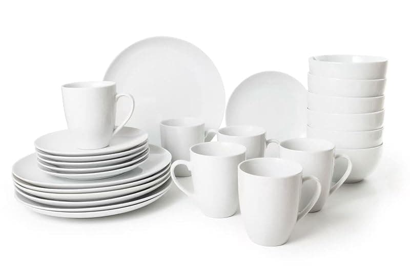 simpa 24PC Dinnerware Porcelain White Set: 6 Dinner Plates, 6 Side Plates, 6 Bowls & 6 Mugs. Dishwasher & Microwave Safe. - Tableware