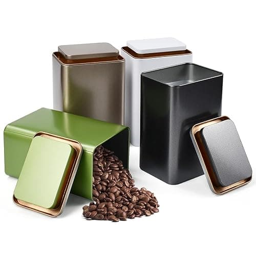 KYYGKY 4 PCS Tea Coffee Sugar Canisters Essentials Kitchen Storage Tin Square Metal Canister Storage Jar Container Food Preserve Caddy with Airtight Lid for Home Kitchen - 4 Colors, Easy to Open - Kitchen Storage