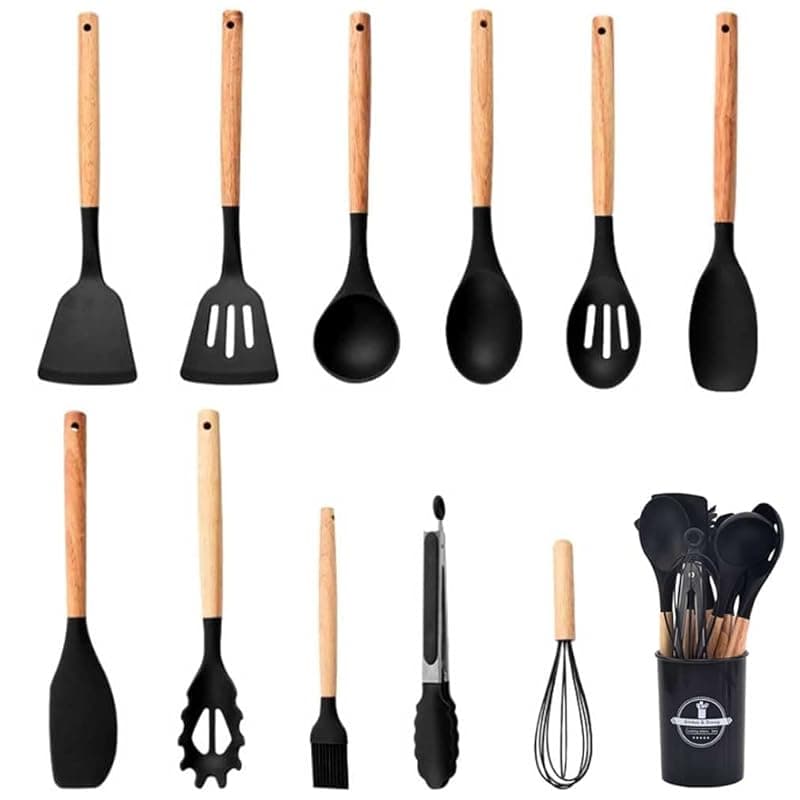 SHENGRUI 12 PCS Kitchen Utensil Set, Silicone Cooking Utensils with Holder, Resistant Natural Wooden Handle Cookware Tongs Spatula Spoon Set, Non Stick & Heat Resistant, Dishwasher Safe - Kitchen Tools Gadgets