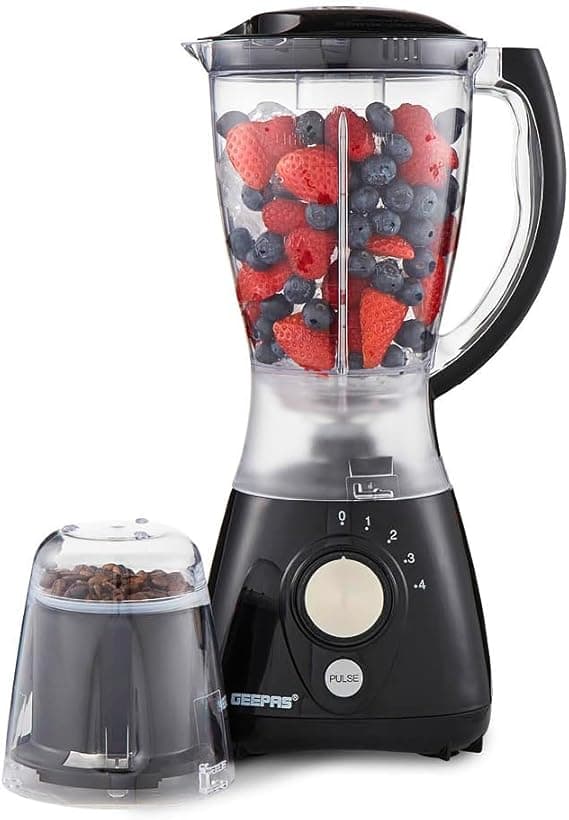 GEEPAS 2-in-1 Food Jug Blender & Smoothie Blender | Ice Crusher Stainless Steel Blades 4 Speeds Pulse Mode | 1.5L Jar Smoothie Milkshake Maker Coffee/Spice Grinder Mill | 1 Year Warranty 550W Black