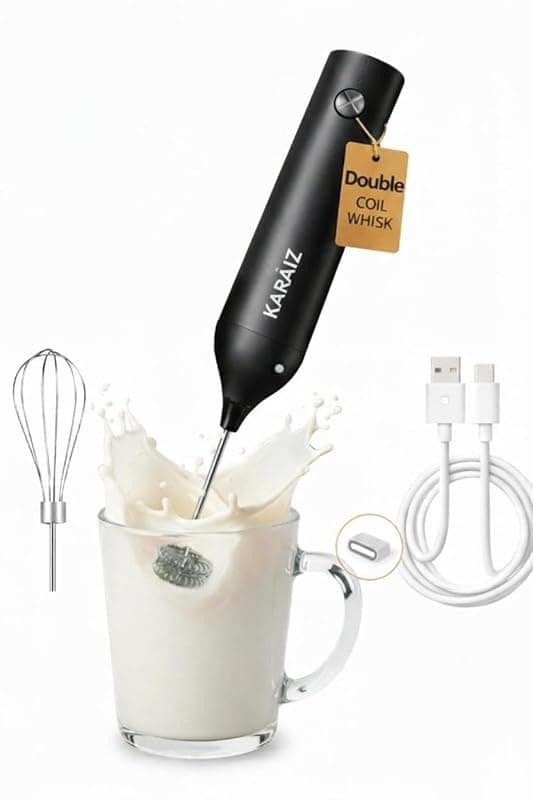 KARAIZ Electric Milk Frother Handheld, Rechargeable Coffee Frother with Dual-Spring Whisk, Portable 3-Speed Electric Foam Maker for Latte, Cappuccino, Hot Chocolate, Matcha-Black - Coffee Tea Accessories