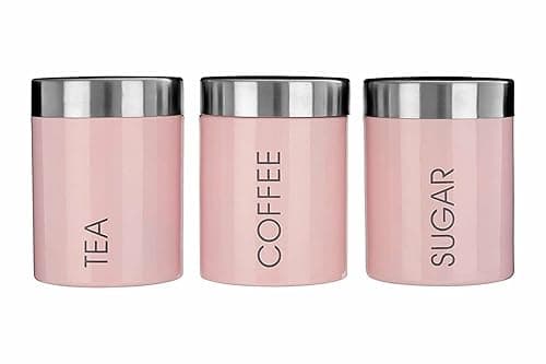 Kabalo Pink Set of 3 Tea Coffee & Sugar Canisters Kitchen Storage Containers Jars Pots (10cm x 12cm each) - Kitchen Storage