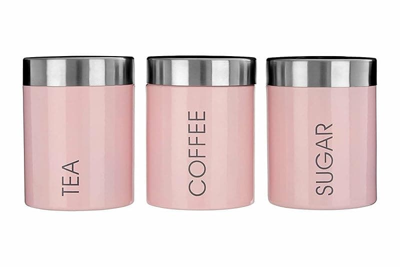 Kabalo Pink Set of 3 Tea Coffee & Sugar Canisters Kitchen Storage Containers Jars Pots (10cm x 12cm each) - Kitchen Storage