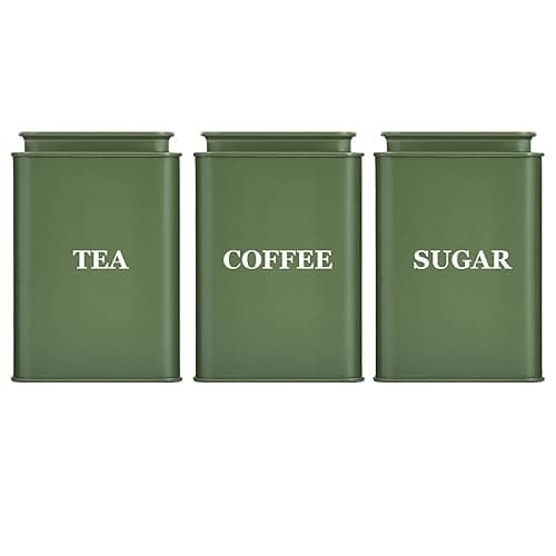 Bayseun Tea Coffee Sugar Canisters, Set of 3 Tea Coffee and Sugar Canisters for Home, Easy Open & Airtight Lids, Decorative Food Caddy, Kitchen Storage Jars, Decorative Stainless Tins, Square Green - Kitchen Storage