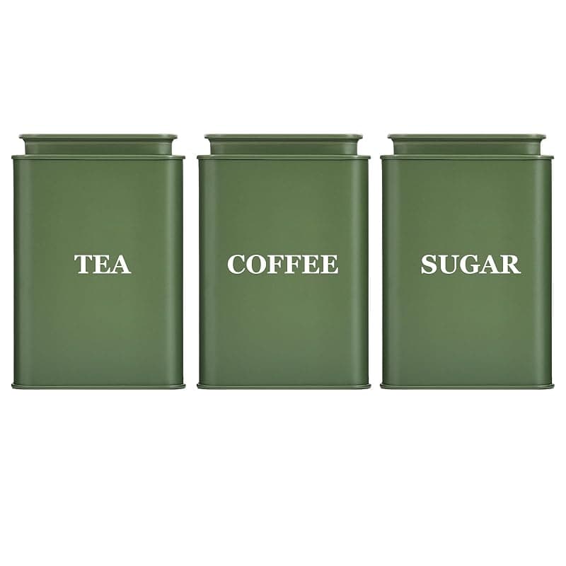 Bayseun Tea Coffee Sugar Canisters, Set of 3 Tea Coffee and Sugar Canisters for Home, Easy Open & Airtight Lids, Decorative Food Caddy, Kitchen Storage Jars, Decorative Stainless Tins, Square Green - Kitchen Storage
