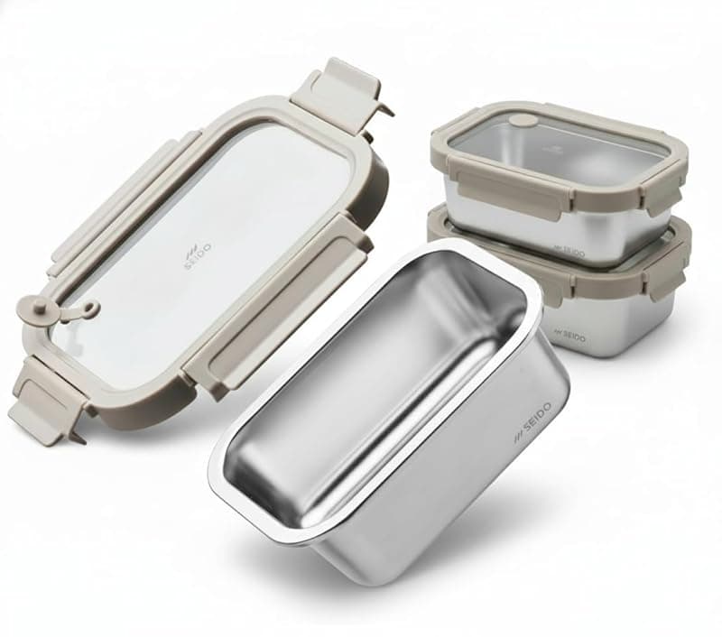 SEIDO Stainless Steel Lunch Box Microwave Safe Food Meal Prep Containers (3 x 800ml) Leakproof, Stainproof, Oven & Dishwasher Safe 100% Chemical Free with Quad Lock Steam Vent Glass Lid - Microwaves
