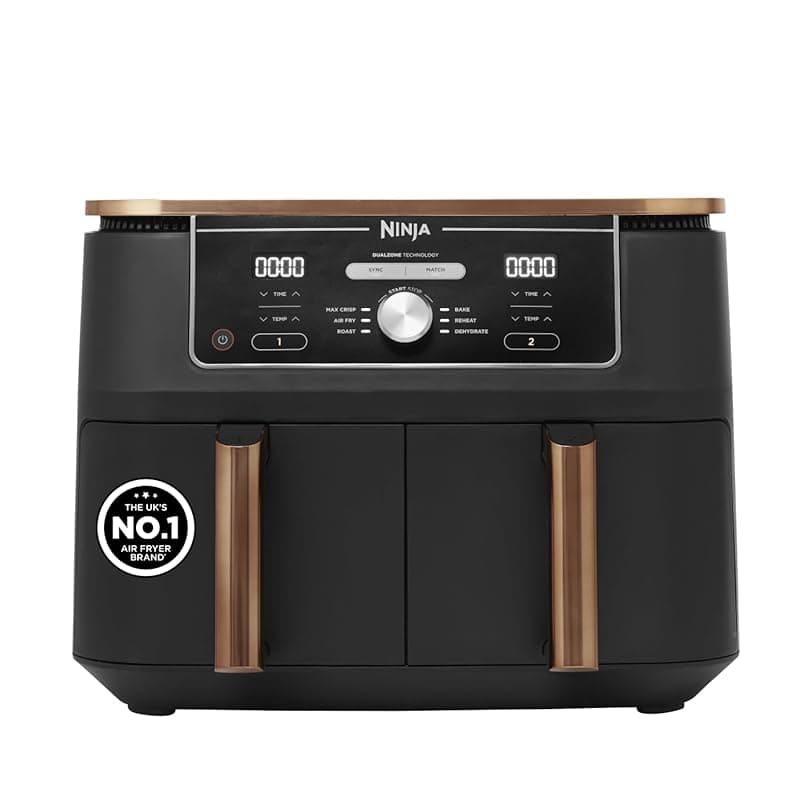Ninja Foodi MAX Dual Zone Air Fryer, Amazon Exclusive, Tongs, 2 Drawers, 9.5L, 6-in-1, Use No Oil, Air Fry, Max Crisp, Roast, Bake, 8 Portions, Nonstick Dishwasher Safe Baskets, Copper/Black AF400UKCP - Air Fryers
