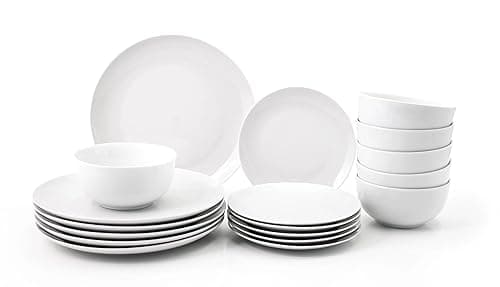 simpa 18PC Dinnerware Porcelain White Set: 6 Dinner Plates, 6 Side Plates & 6 Bowls. Dishwasher & Microwave Safe. - Tableware