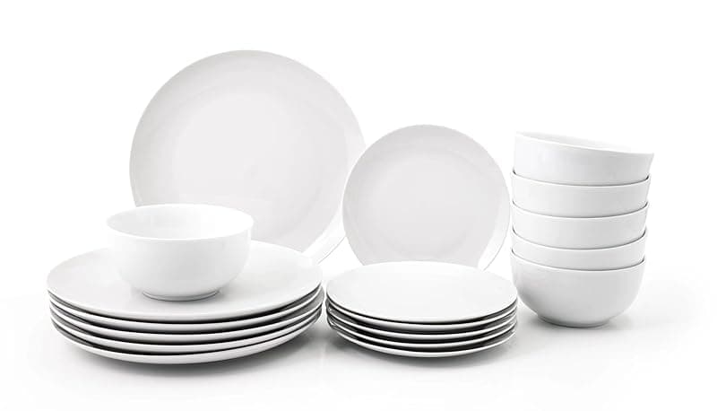 simpa 18PC Dinnerware Porcelain White Set: 6 Dinner Plates, 6 Side Plates & 6 Bowls. Dishwasher & Microwave Safe. - Tableware