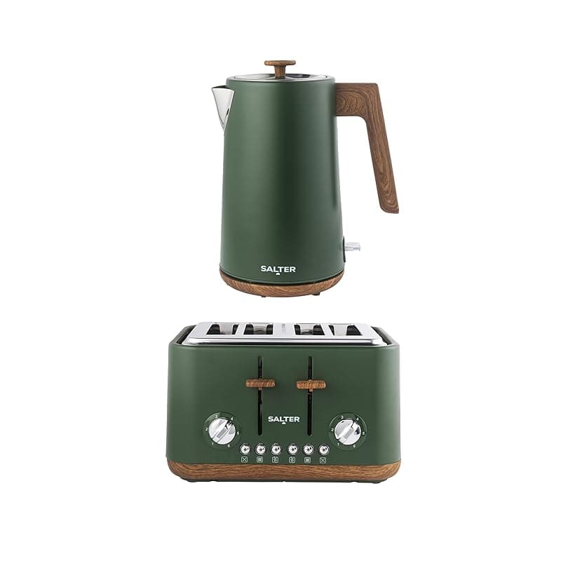 Salter Toronto Green Toaster & Kettle Set – 4-Slice 1630W Toaster with 6 Browning Levels & Wide Slots, 1.7L 3000W Rapid Boil Kettle with Limescale Filter, Auto Shut-Off & Wooden Accents - Toasters