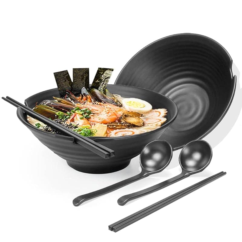 Noble Createaprototype 2 Set Large Noodle Ramen Bowl - Plastic Japanese Picnic Tableware for Pasta Dishes Salad Udon Soup Soba Pot Noodles Bowls 2×1100 Ml Bowl Chopsticks Spoon Sets Suit for Dinner Christmas Birthday Gifts - Tableware