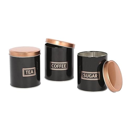Harbour Housewares 3pc Tea Coffee Sugar Canisters Set – Black & Copper Round Metal Kitchen Storage Tins with Airtight Lids – Modern Industrial Food Caddy Containers for Countertop Organisation - Kitchen Storage