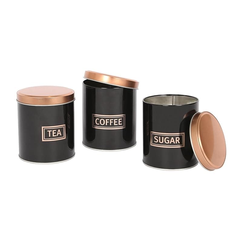 Harbour Housewares 3pc Tea Coffee Sugar Canisters Set – Black & Copper Round Metal Kitchen Storage Tins with Airtight Lids – Modern Industrial Food Caddy Containers for Countertop Organisation - Kitchen Storage