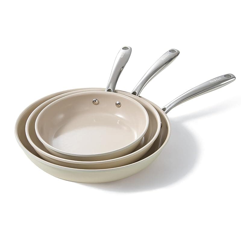 Redchef Non Stick Frying Pan Set, Ceramic Pan 20 24 28cm, Skillet Set 8-11" for Cooking with Stainless Stay Cool Handle, No PFAS & PTFE & PFOA, Oven Safe (Beige) - Cookware