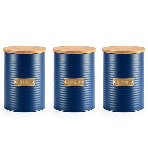 EHC Set of 3 Tea, Coffee & Sugar Airtight Kitchen Storage Canister Jars Containers, Navy Blue, 1L - Kitchen Storage