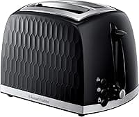Russell Hobbs Honeycomb 2 Slice Toaster (Extra wide slots, High lift feature, 6 Browning levels, Frozen/Cancel/Reheat function, Removable crumb tray, 850W, Black, Textured high gloss) 26061