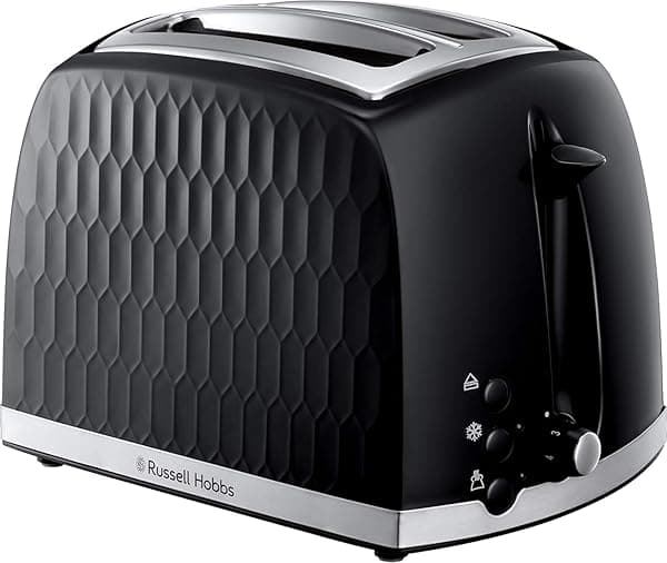 Russell Hobbs Honeycomb 2 Slice Toaster (Extra wide slots, High lift feature, 6 Browning levels, Frozen/Cancel/Reheat function, Removable crumb tray, 850W, Black, Textured high gloss) 26061 — Toasters deal