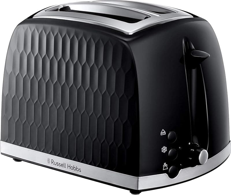 Russell Hobbs Honeycomb 2 Slice Toaster (Extra wide slots, High lift feature, 6 Browning levels, Frozen/Cancel/Reheat function, Removable crumb tray, 850W, Black, Textured high gloss) 26061 - Toasters