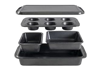 5 Piece Nonstick Bakeware Set – Loaf Pan, Square Pan, Muffin Pan, Roaster Pan & Cookie Sheet – Carbon Steel, Easy Release, Dishwasher Safe
