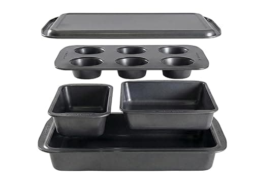 Stackable 5 Piece Nonstick Bakeware Set – Loaf Pan, Square Pan, Muffin Pan, Roaster Pan & Cookie Sheet – Carbon Steel, Easy Release, Dishwasher Safe