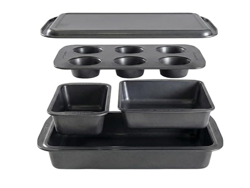 Kitcheneur 5 Piece Nonstick Bakeware Set – Loaf Pan, Square Pan, Muffin Pan, Roaster Pan & Cookie Sheet – Carbon Steel, Easy Release, Dishwasher Safe - Bakeware