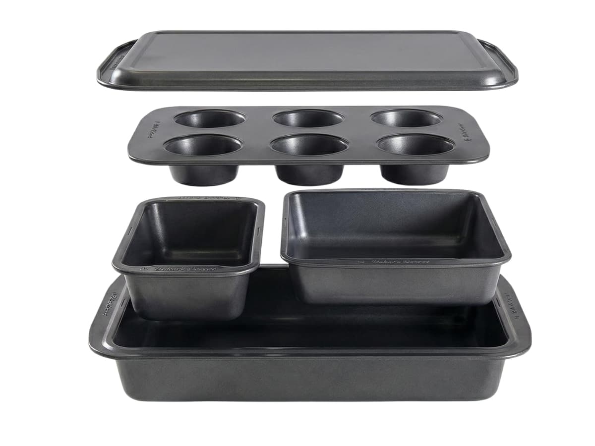Stackable 5 Piece Nonstick Bakeware Set – Loaf Pan, Square Pan, Muffin Pan, Roaster Pan & Cookie Sheet – Carbon Steel, Easy Release, Dishwasher Safe - Bakeware