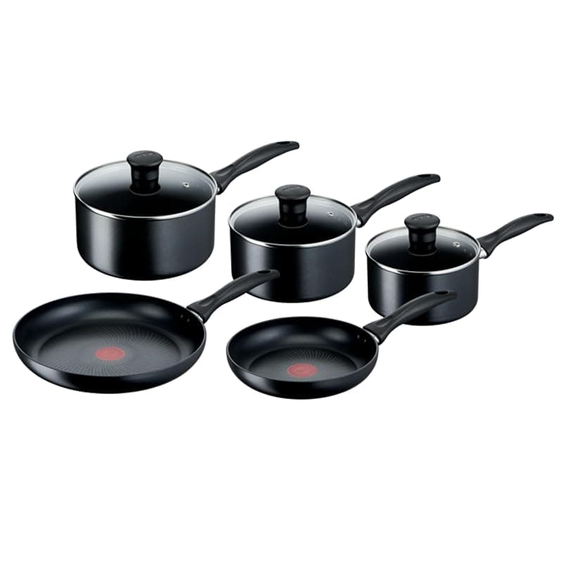Tefal Induction Non‑Stick Coating 5‑Piece Cookware Set, 16/18/20 cm Saucepans + 22/28 cm Frying pans, Thermo‑Signal, Glass Lids, All Hobs including Induction, Black - G155S54 - Cookware