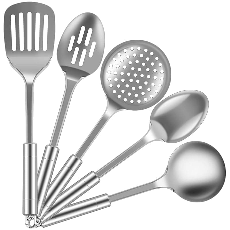HAIJED 5Pcs Kitchen Cooking Utensils Set, Heat Resistant Stainless Steel Spoons Spatula Set with Hanging Hole, Non-Stick Cooking Tools, Kitchen Tools Gadgets Set Dishwasher Safe for Cooking - Kitchen Tools Gadgets