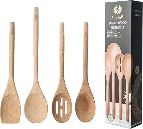 BF BILL.F SINCE 1983 Beech Wooden Cooking Utensil Set & Spoon Set, Kitchen Cooking Tools Kitchen Gadgets 4 Pieces Spoon & Spatula Mix Perfect for Nonstick Pots and Pans Cookware Turner